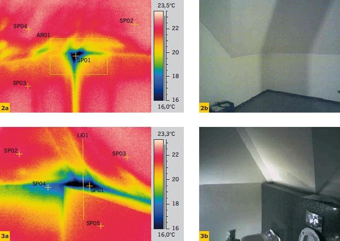 Fot. 2–3. Termogramy wewnątrz pomieszczenia ze skośnymi połaciami dachu – widoczne fragmenty z miejscowo pocienioną izolacją cieplną