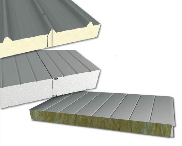 Rys.(od góry) Dachowe płyty warstwowe z rdzeniem poliuretanowym, styropianowym oraz z wełny mineralnej