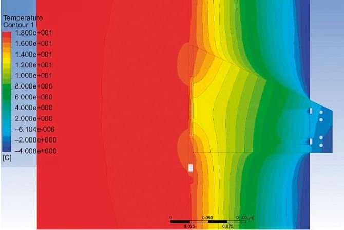 Przykład modelu 3D rozkładu pola temperatur w strefie przebicia izolacji termicznej konsolą ze stali nierdzewnej.
Rys. A. Byrdy