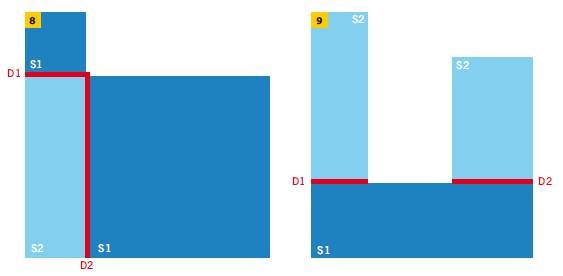 Rys. 8–9. Umiejscowienie dylatacji strefowych w powierzchniach w kształcie litery L (8) oraz U (9)