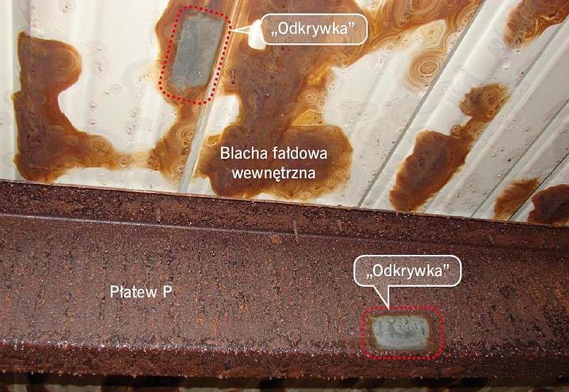 FOT. 2. Widok odkrywek korozji płatwi i wewnętrznej blachy fałdowej; fot.: archiwum autora