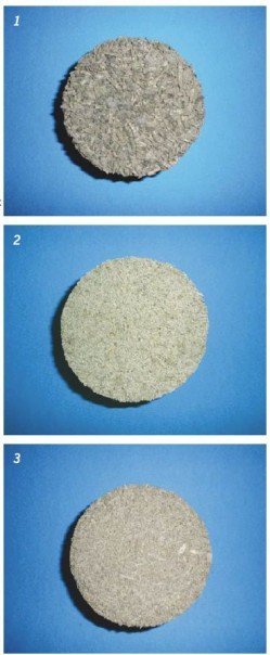 Fot. 1–3. Materiały wykonane na bazie trocin: próbka G3 (1), próbka T1 (2), próbka 2A (3)