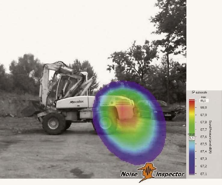RYS. 7. Lokalizacja źródeł hałasu w koparko-ładowarce - pomiar kamerą akustyczną, algorytm: Beamforming; rys.: [2]