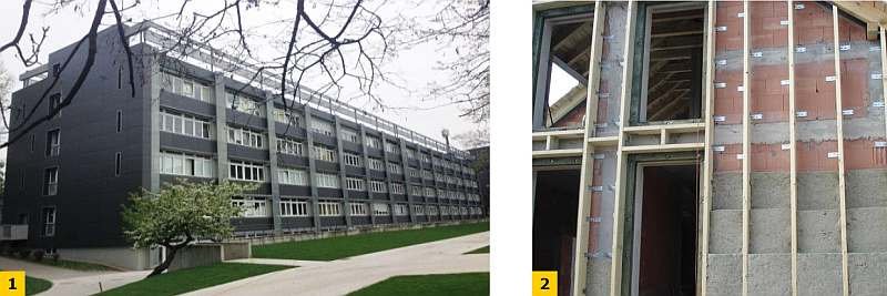 FOT. 1-2. Elewacja wentylowana z płyt włóknisto-cementowych: przykład realizacji (1), widok podkonstrukcji w trakcie realizacji (2); archiwum autorów (1), www.klubdachy.pl (2)