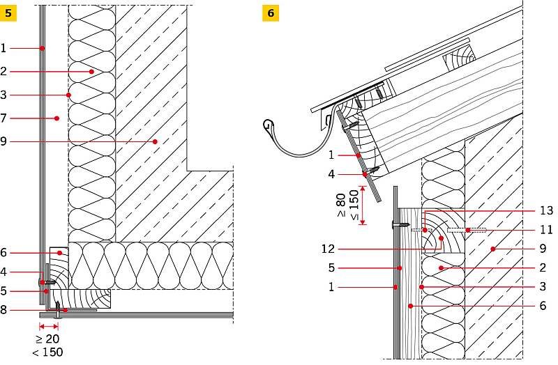 RYS. 5-6. Detale wykonania elewacji wentylowanej z płyt włóknisto-cementowych z zastosowaniem podkonstrukcji drewnianej: połączenie z okapem (5), przy parapecie zewnętrznym (6)