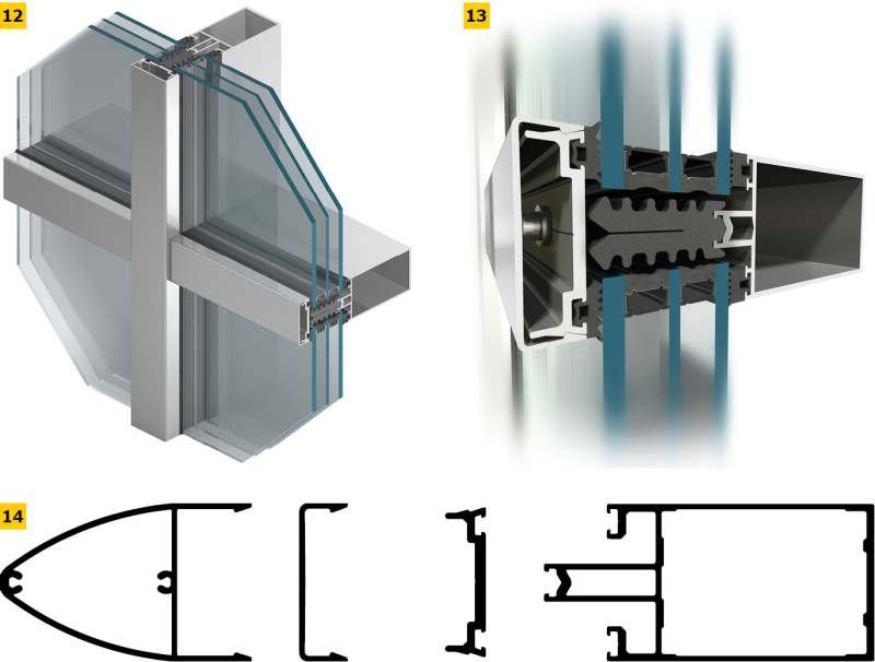 RYS. 12–14. Szklano-metalowa fasada: przykładowy widok fragmentu fasady (12), wizualizacja połączenia szkła i kształtownika nośnego (13), przykłady przekrojów poprzecznych aluminiowych profili składowych systemu fasadowego (14); rys. Aluprof