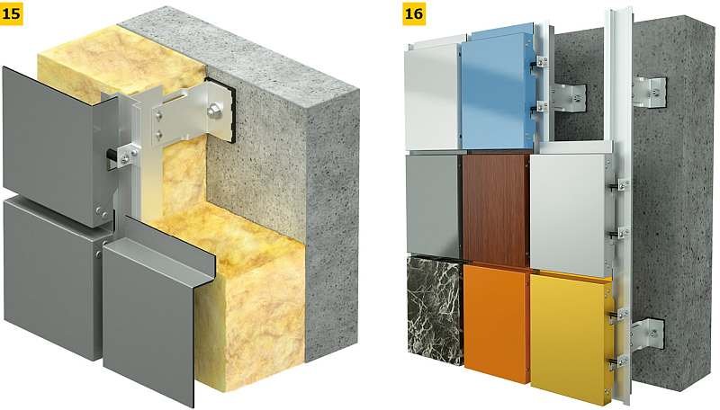 RYS. 15-16. Przykład konstrukcji fasady wentylowanej: przegroda z izolacją termiczną (15), przegroda bez izolacji termicznej (16); rys. Aluprof