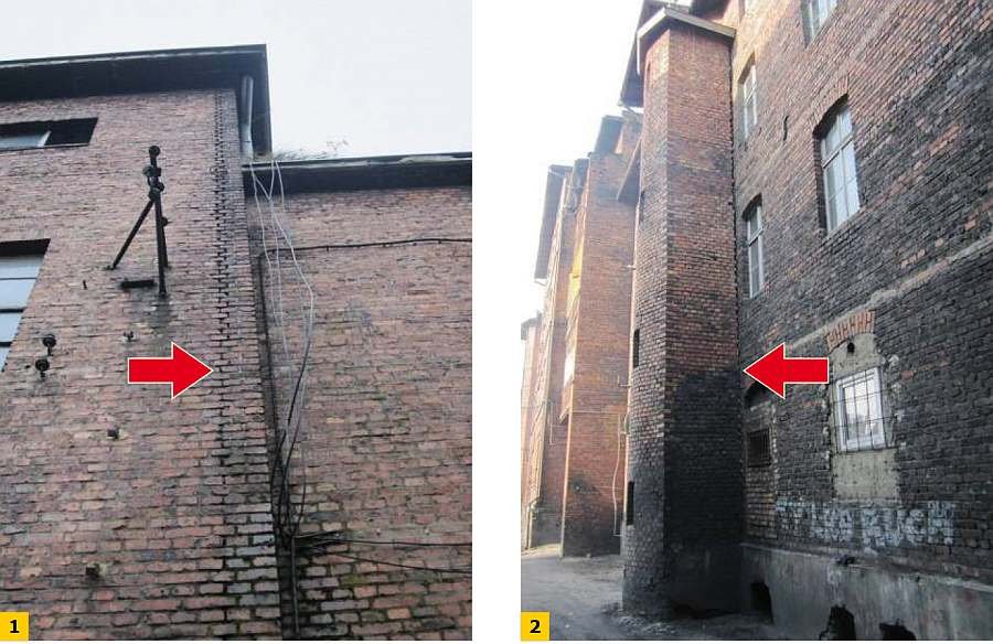 FOT. 1-2 Przykład ściany, którą można naprawić przez kotwienie: odspojona ściana poprzeczna (1) oraz odspojona przybudówka (2); fot.: archiwum autora