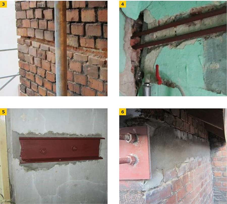 FOT. 3-6 Etapy naprawy: wykuta w ścianie bruzda w celu przepuszczenia ściągów (3), założenie ściągi (4), blok oporowy (5), zamurowanie bruzdy (6); fot.: archiwum autora
