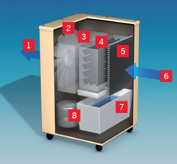 RYS. 3. Schemat osuszacza kondensacyjnego. Objaśnienia: 1 - suche powietrze, 2 - wentylator, 3 - płyta parownika, 4 - skraplacz, 5 - kratka z filtrem powietrza, 6 - wilgotne powietrze, 7 - pojemnik na wodę, 8 - kompresor; rys.: www.sprint.de