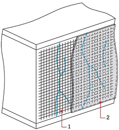 RYS. 3. Wzmocnienie powierzchniowe materiałami FRCM; 1 - siatka z włókien, 2 - matryca cementowa; rys.: R. Jokiel, Ł. Drobiec 