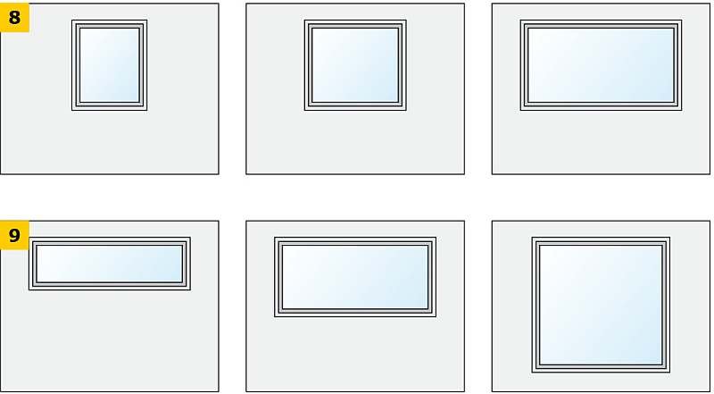 RYS. 8-9. Schematy badanych wariantów ściany osłonowej z oknem ze zróżnicowanym polem powierzchni (8) oraz ze zróżnicowanymi proporcjami wymiarów (9); rys.: archiwa autorów
