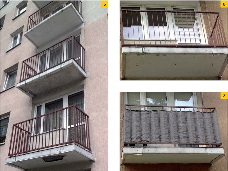 FOT. 5. Zacieki i uszkodzenia tynku na kolejnych płytach balkonowych; fot.: A. Gwiżdż; FOT. 6-7. Uszkodzenia obróbek balkonowych; fot.: A. Gwiżdż