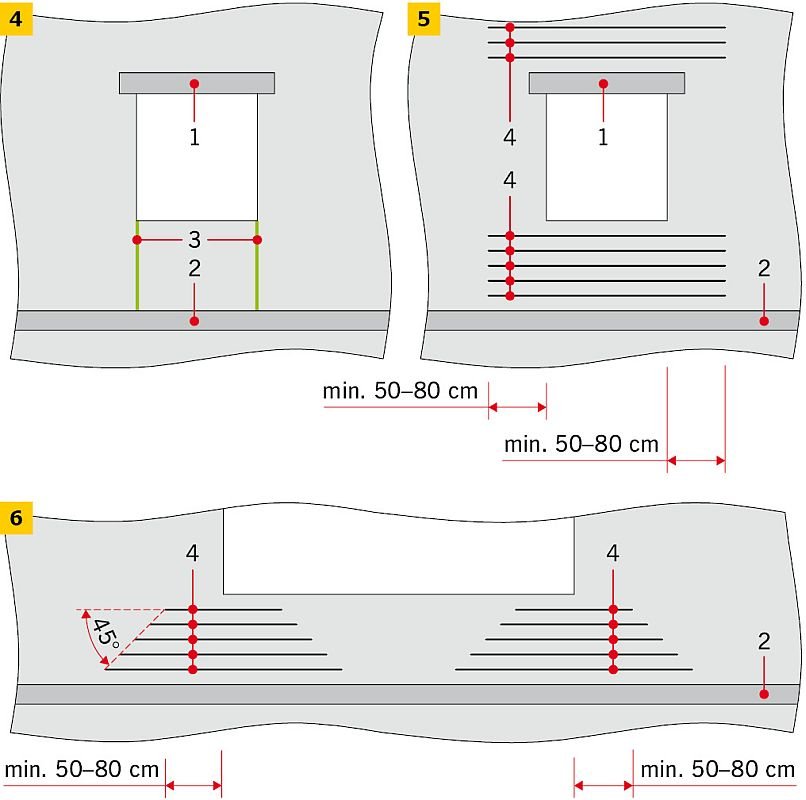 RYS. 4-6. Sposoby zabezpieczania strefy przyokiennej przed powstaniem zarysowań: zastosowanie dylatacji (4, 5 i 6), zastosowanie zbrojenia w spoinach wspornych (5); Objaśnienia: 1 - nadproże, 2 - strop, 3 - dylatacja, 4 - zbrojenie spoin wspornych; rys.: T. Połubiński, Ł. Drobiec, R. Jokiel