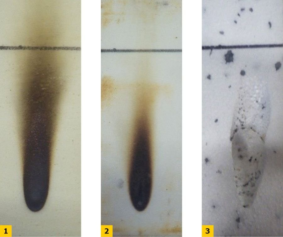 Fot. 1-3 Widok próbek PUR (1), PIR (2) oraz EPS (3) po wykonaniu badania zapalności według EN 11925-1; fot. archiwum autorki