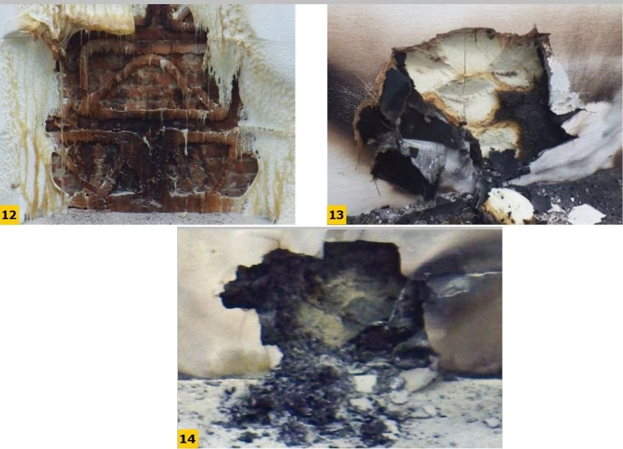 FOT. 12-14 Widok stopnia uszkodzenia materiału izolacyjnego po badaniu NRO według PN-B-02867: E: EPS (12), PIR (13) i PUR (14); fot. archiwum autorki