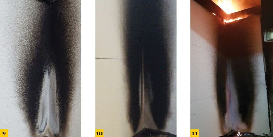 FOT. 9-11 Próbki przed i po badaniu (widok łączenia długiego i krótkiego skrzydła, tj. miejsca bezpośredniego oddziaływania ognia): EPS (9), PIR (10) i PUR (11); fot. archiwum autorki 