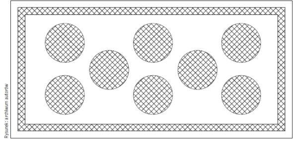 Rys. 3. Schemat zalecanego rozmieszczenia zaprawy klejącej na płycie izolacyjnej ze styropianu o wymiarach 100×50 cm