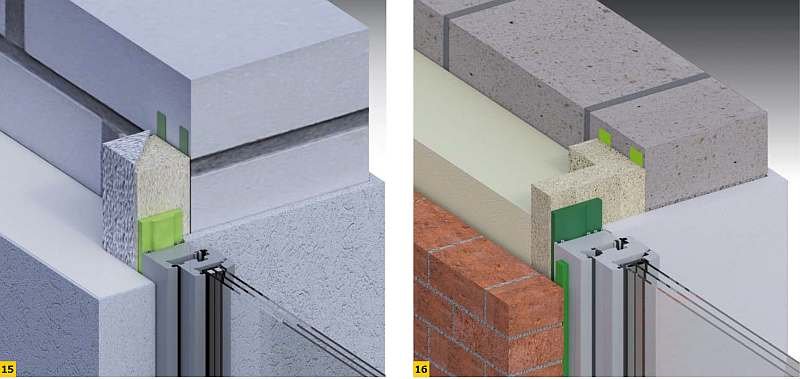 RYS. 15-16. Usytuowanie okna w warstwie izolacji w ścianie dwuwarstwowej (15) i trójwarstwowej (16); rys. illbruck.com