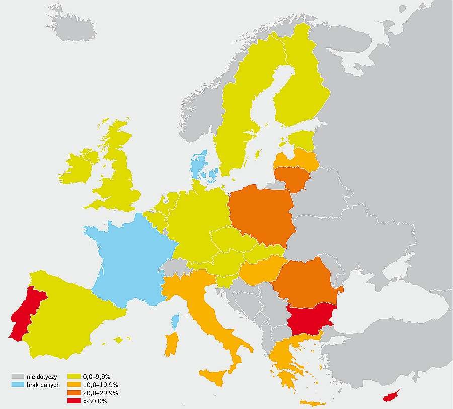RYS. Odsetek gospodarstw domowych, które nie są w stanie utrzymać odpowiedniego komfortu cieplnego w swoim miejscu zamieszkania; rys. EU-SILC
