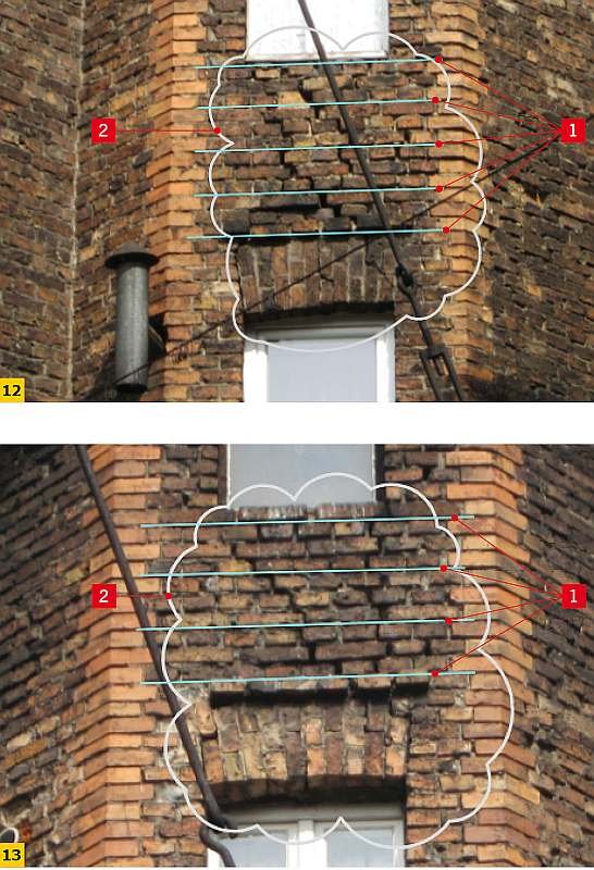 FOT. 12-13. Projektowany sposób wzmocnienia nadproża i muru nad oknem między 3. i 4. piętrem (13); między 4. piętrem a poddaszem (14)