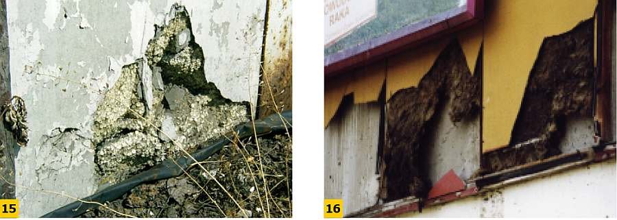 FOT. 15-16. Degradacja izolacji termicznej wskutek uszkodzeń warstwy elewacyjnej; fot.: archiwum autora