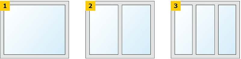 RYS. 1-3. Schemat badanych wariantów wieloskrzydłowej stolarki okiennej: jednoskrzydłowe (1), dwuskrzydłowe (2), trzyskrzydłowe (3); rys.: archiwa autorów