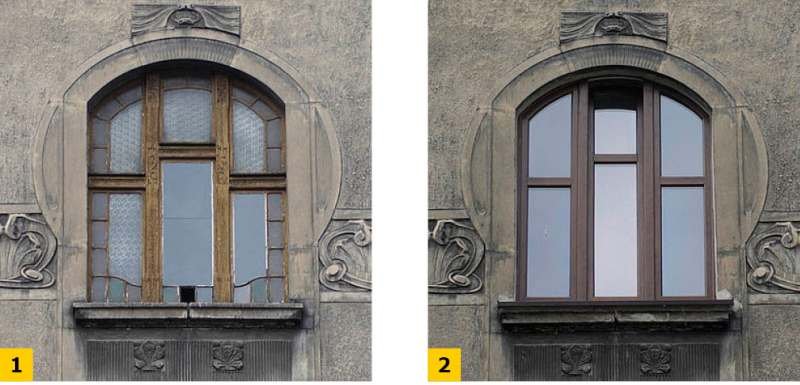 FOT. 1-2. Przykład lekkomyślnego podejścia do wymiany okien w budynku zabytkowym; www.oknonet.pl