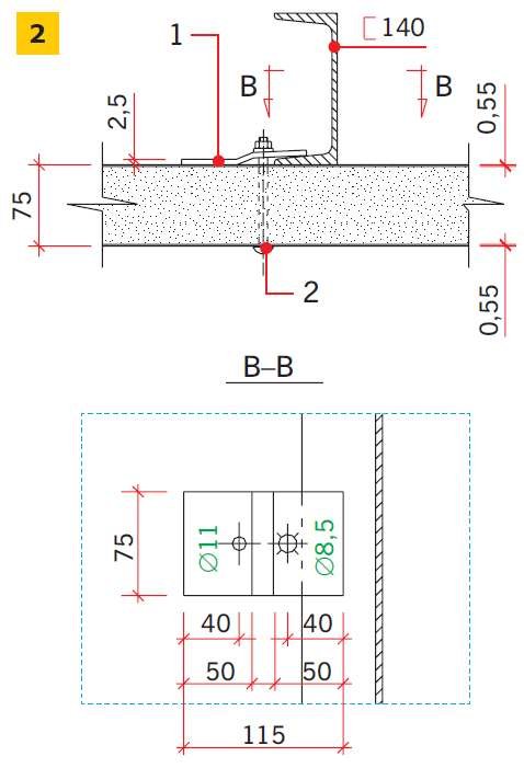 RYS. 2. Połączenie płyt warstwowych z ryglami, w których zastosowano zaczepy z blach w sposób zalecany: 1 – zaczep z blachy, 2 – śruba M8 (zamkowa); rys. arch. autora