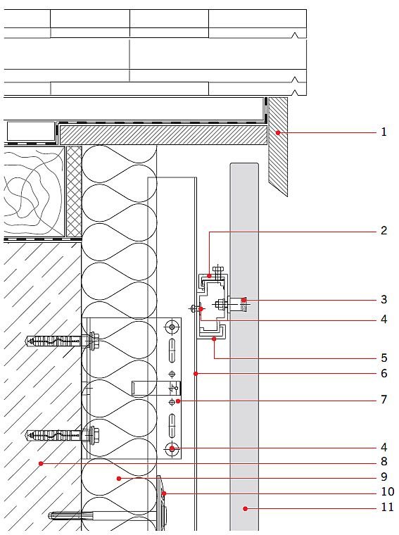RYS. 11. Rozwiązanie detali projektowych ściany z okładziną z betonu architektonicznego: połączenie ściany z dachem płaskim; przekrój pionowy. Objaśnienia: 1 - konstrukcja dachu, 2 - klamra systemowa, 3 - łącznik mechaniczny, 4 - nit, 5 - profil systemowy, 6 - profil T, 7 - konsola systemowa, 8 - konstrukcja ścienna, 9 - wełna mineralna, 10 - łącznik mechaniczny do wełny mineralnej, 11 - okładzina betonowa; rys.: [19]