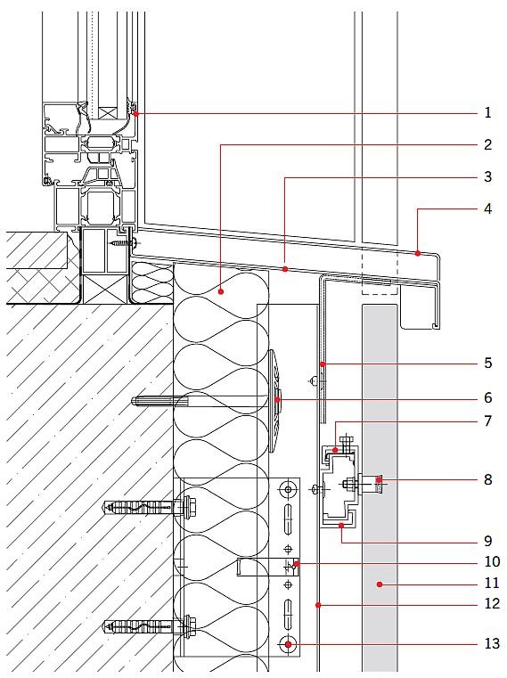 RYS. 12. Rozwiązanie detali projektowych ściany z okładziną z betonu architektonicznego: detal przy oknie; przekrój pionowy. Objaśnienia: 1 - okno, 2 - wełna mineralna, 3 - parapet okienny, 4 - profil zamykający, 5 - profil systemowy wentylujący, 6 - łącznik mechaniczny do wełny mineralnej, 7 - klamra systemowa, 8 - łącznik mechaniczny, 9 - profil systemowy, 10 - konsola systemowa, 11 - okładzina betonowa, 12 - profil T, 13 - nit; rys.: [19]