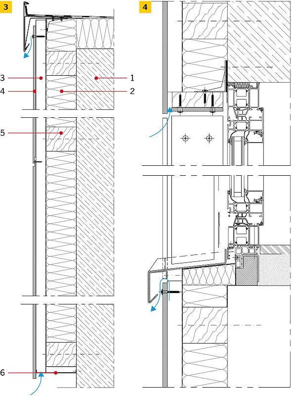 RYS. 3-4. Rozwiązanie detali projektowych ściany z okładziną HPL – przekroje pionowe: połączenie z dachem płaskim (3), detal przy oknie (4)