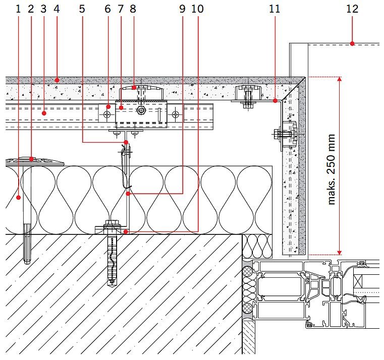 RYS. 8. Rozwiązanie detali projektowych ścian z okładziną z kamienia naturalnego: styk ściany z oknem; przekrój poziomy. Objaśnienia: 1 - izolacja termiczna, 2 - łącznik izolacji termicznej, 3 - profil systemowy T, 4 - kamień naturalny, 5 - teownik systemowy, 6 - systemowy element zabezpieczający, 7 - systemowy element nastawny, 8 - element ceramiczny, 9 - konsola systemowa, 10 - podkładka termiczna konsoli, 11 - profil narożny L, 12 - parapet; rys.: [19]