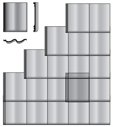 Rys. 4. Dachówki betonowe z podniesioną, wierzchnią zakładką boczną: dachówki profilowane z asymetycznym zgrubieniem środkowym, z dwoma falami, pokrycie rzędowe; rys.: „Wytyczne dekarskie. Zeszyt 3”
