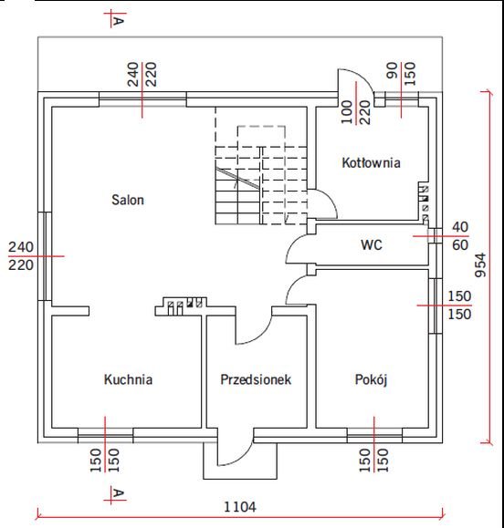 RYS. 3. Rysunek schematyczny analizowanego budynku mieszkalnego: rzut parteru; rys.: autorzy