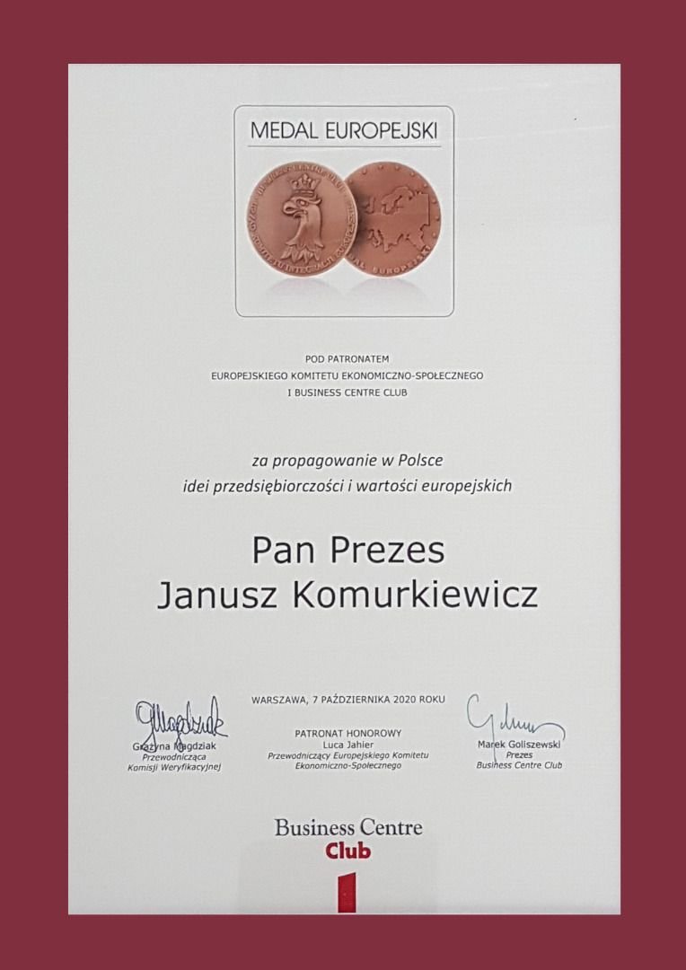 Janusz Komurkiewicz nagrodzony Honorowym Medalem Europejskim