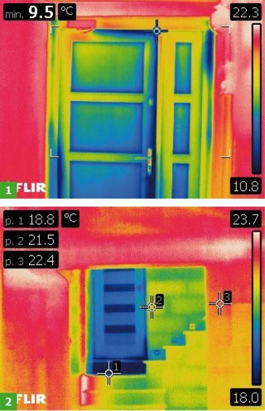 FOT. 1-2. Zdjęcia termograficzne drzwi wejściowych w domu jednorodzinnym; fot.: D. Tokarski, I. Ickiewicz, W. Żukiewicz-Sobczak