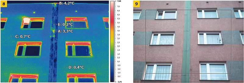 FOT. 8 (po lewej): Termogram ściany budynku wielkopłytowego w obrębie dylatacji, FOT. 9 (po prawej): widok tej ściany; fot. archiwa autorów
