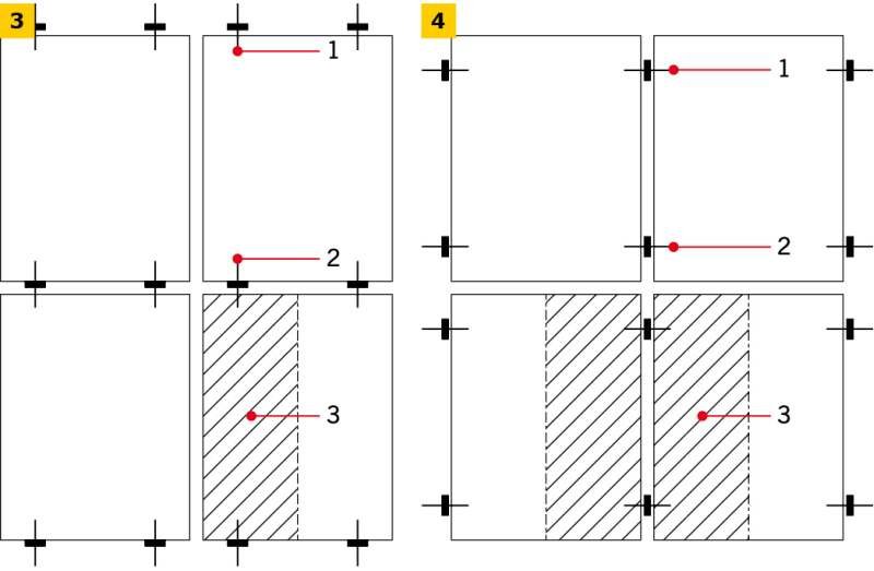 RYS. 3-4. Sposób mocowania okładzin kamiennych: poziomy (3), pionowy (4): 1- kotwa stabilizująca, 2 - kotwa nośna, 3 - obszar obciążenia przypadający na kotwę; rys. archiwum autora