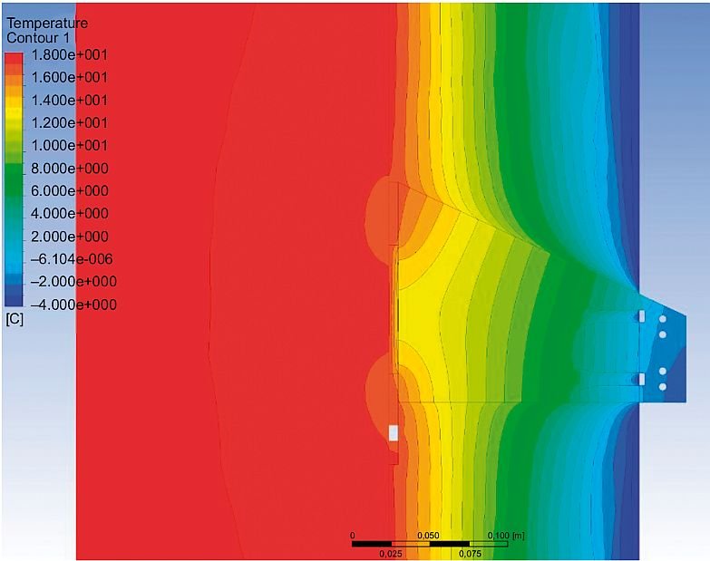 RYS. 10. Przykład modelu 3D rozkładu pola temperatur w strefie przebicia izolacji termicznej konsolą ze stali nierdzewnej; rys. autor