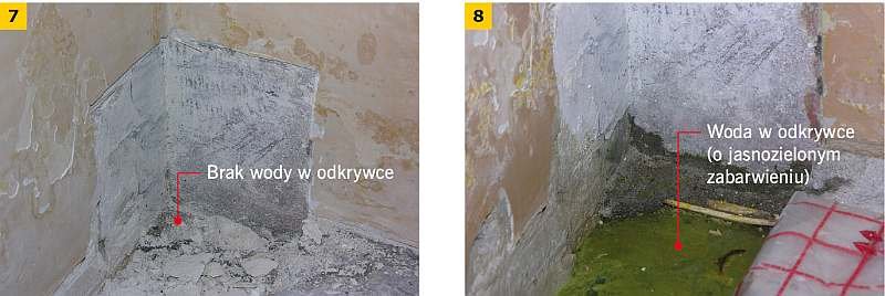 FOT. 7-8. Odkrywka w podłodze w narożu ścian: przed rozpoczęciem sezonu grzewczego (7) oraz po uruchomieniu ogrzewania podłogowego (8); fot. A. Hoły