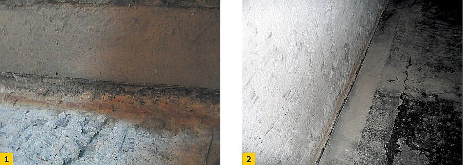 FOT. 1–2. Błędne wykonanie izolacji poziomej – pas papy wystaje poza lico ściany o 1–2 cm (powinien wystawać min. o 6 cm); fot. autor