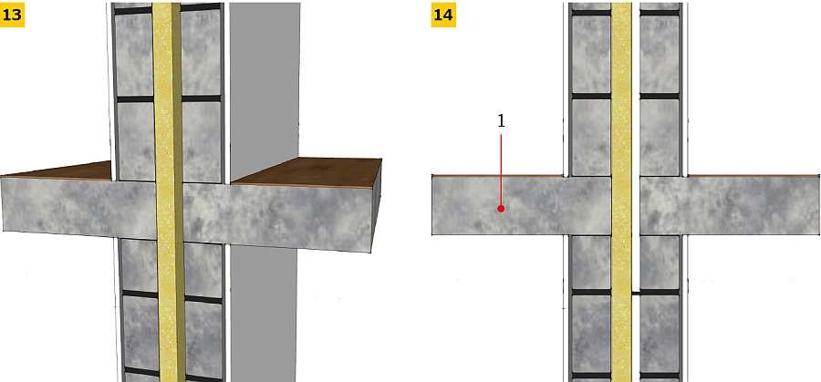 RYS. 13-14. Odpowiednie łączenie ze stropem betonowym; rys. archiwum autora 1 - strop wbudowany w ściany, lecz nie przecina przestrzeni między warstwami ściennymi
