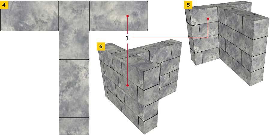 RYS. 4-6. Odpowiednie łączenie z ceglaną ścianą zewnętrzną lub inną ścianą działową (na zakładkę); rys.: archiwum autora  1 - masa powierzchniowa ściany przylegającej: min. 200 kg/m2; 