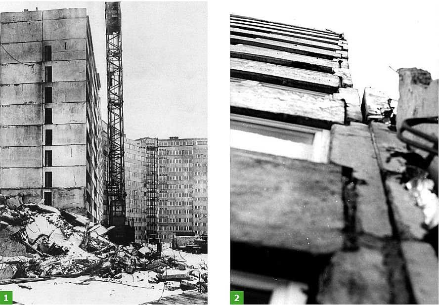 FOT. 1-2. Katastrofa budowlana wznoszonego segmentu budynku WWP w Polkowicach w 1979 r. wynikająca z błędów projektowych systemu, niskiej jakości produkcji prefabrykatów i ich montażu; fot.: ITB