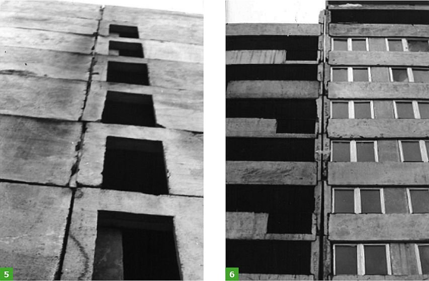FOT. 5-6. Przykłady nieprawidłowego montażu elementów w budynkach wielkopłytowych: brak pionowości kolejnych elementów ściennych (5), nieprawidłowo ukształtowana szczelina dylatacyjna (6); fot.: ITB