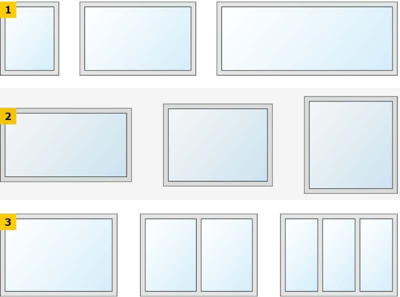 RYS. 1-3. Schematy badanych wariantów stolarki okiennej: ze zróżnicowanym polem powierzchni (1), ze zróżnicowanymi proporcjami wymiarów (2) oraz ze zróżnicowaną liczbą skrzydeł (3); rys. archiwa autorów