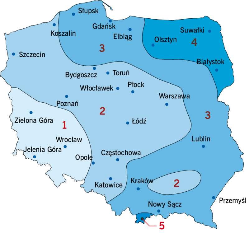 RYS. 2. Podział Polski na strefy obciążenia śniegiem gruntu; rys. PN-EN 1991-1-3:2005 [7]