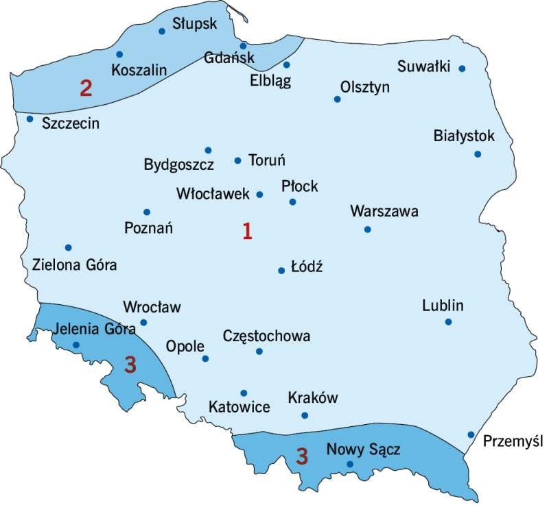 RYS. 4. Podział Polski na strefy obciążenia wiatrem; rys. PN-EN 1991-1-4:2008 [8]