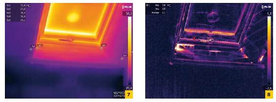 FOT. 7–8. Termogram referencyjny badanego okna dachowego (7) i przetworzony termogram pokazujący
miejsca nieszczelności (8)